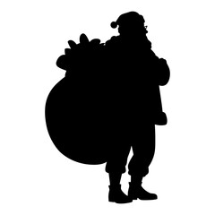 Silhouette of Santa Claus carrying a large sack full of presents. Ideal for Christmas designs, holiday cards, and winter themed projects. Vector illustration.