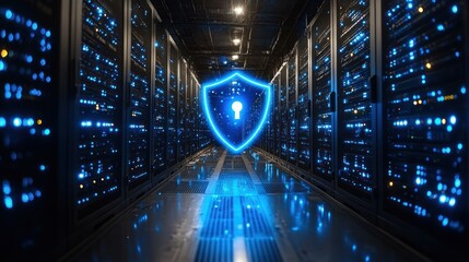 Data center security; glowing shield symbolizes protection amidst server racks