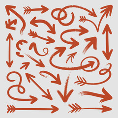 Collection of hand-drawn red arrows in various styles and directions Keywords: arrow, direction