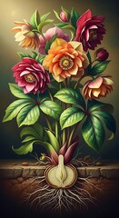 Artistic hellebores bouquet with vibrant tones on a textured setting