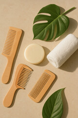 Natural spa flatlay with wooden combs, soap bar and tropical leaves on beige background
