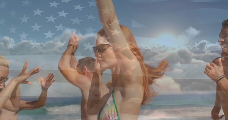 Dancing six friends cheering on sandy shore, wearing swimwear sunglasses bracelets flag overlay
