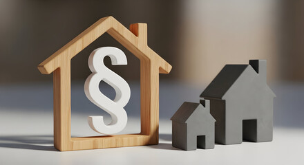 Legal housing concept: wooden house frame and solid house models with prominent white paragraph (§) sign — property law, tenancy regulation and real estate compliance illustration