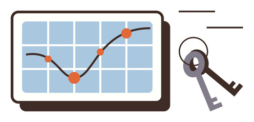Chart with trend line and nodes on tablet device next to classic keys. Ideal for data analysis, growth strategy, access, solutions, security, research, progress depiction, simple flat metaphor