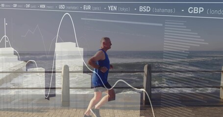 Jogging man in blue sportswear on seafront path, with metal railing, ocean waves, financial overlay
