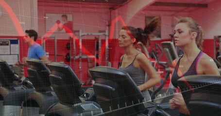 Running three adults wearing athletic gear on treadmills at gym, showing squat racks, data graph