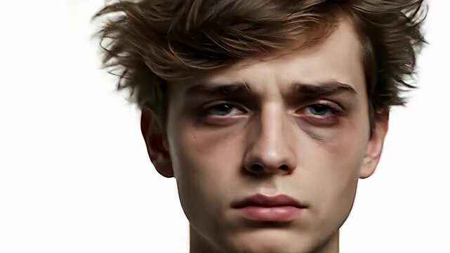 Close-up portrait of a weary young man with disheveled brown hair and light blue eyes
