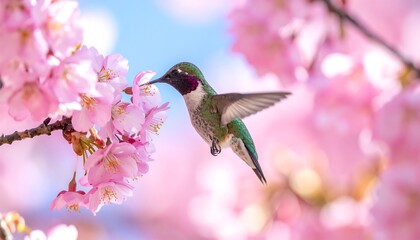 Obraz premium Tiny hummingbird drinking from bright pink flower, wings blurring in motion against a blue sky