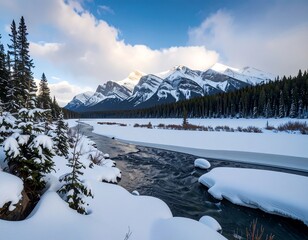 Snowy winter landscape with a river flowing through a valley