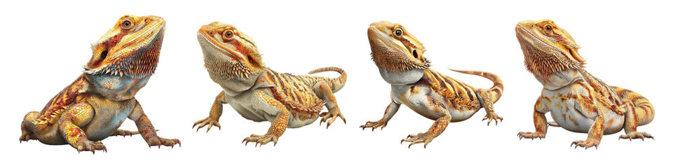 Obraz premium Four Bearded Dragons Showcasing Their Unique Features and Colors isolated on transparent background.