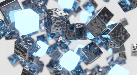 Futuristic floating cubes and illuminated panels: abstract 3D composition of metallic cubes with glowing hexagonal faces — digital geometry and tech visualization