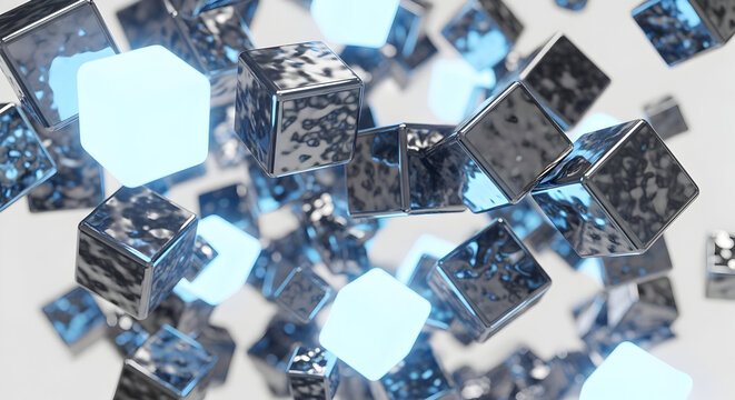 Futuristic floating cubes and illuminated panels: abstract 3D composition of metallic cubes with glowing hexagonal faces — digital geometry and tech visualization