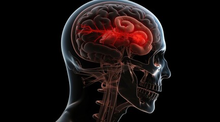 Illustration of the human head with the brain highlighted in red, showing a menacing and painful expression due to a corrosive analysis, isolated on a dark background.