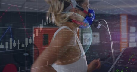 Running female wearing white sports top on treadmill in lab, with metabolic mask and chart overlays