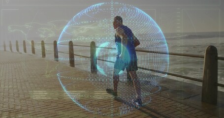 Jogging runner wearing blue top pacing seaside promenade, with blue hologram sphere, copy space