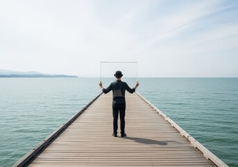 Man holding clear frame facing vast ocean