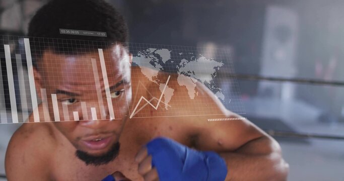 Standing shirtless boxer wearing blue wraps facing data hologram against gym ring ropes, copy space - Powered by Adobe
