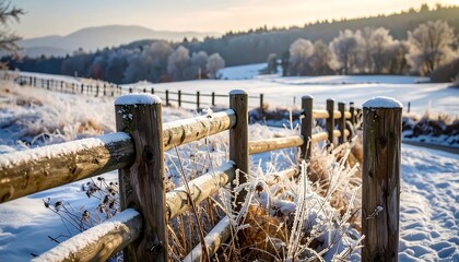 Snowy winter landscape with wooden fence