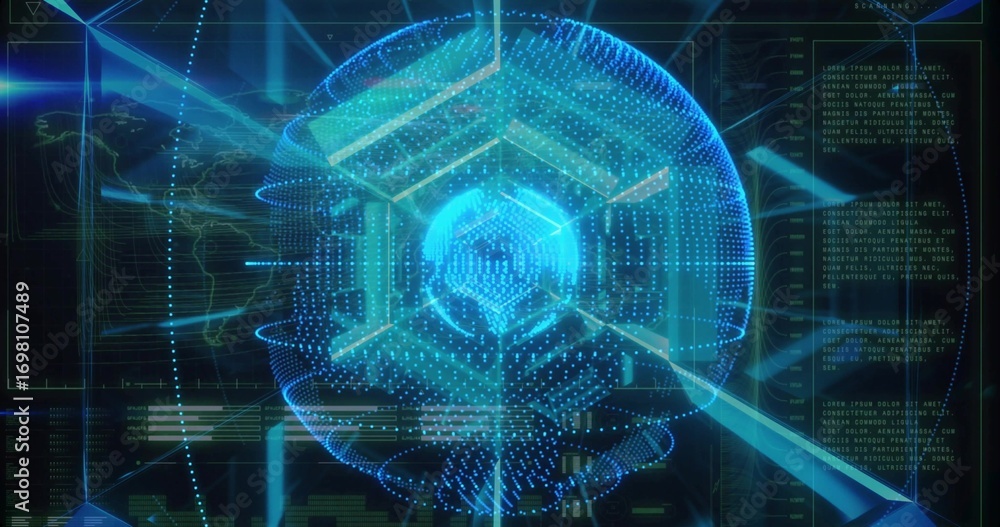 Poster glowing holographic globe emitting digital beams on console, with hexagonal overlay and ui panels