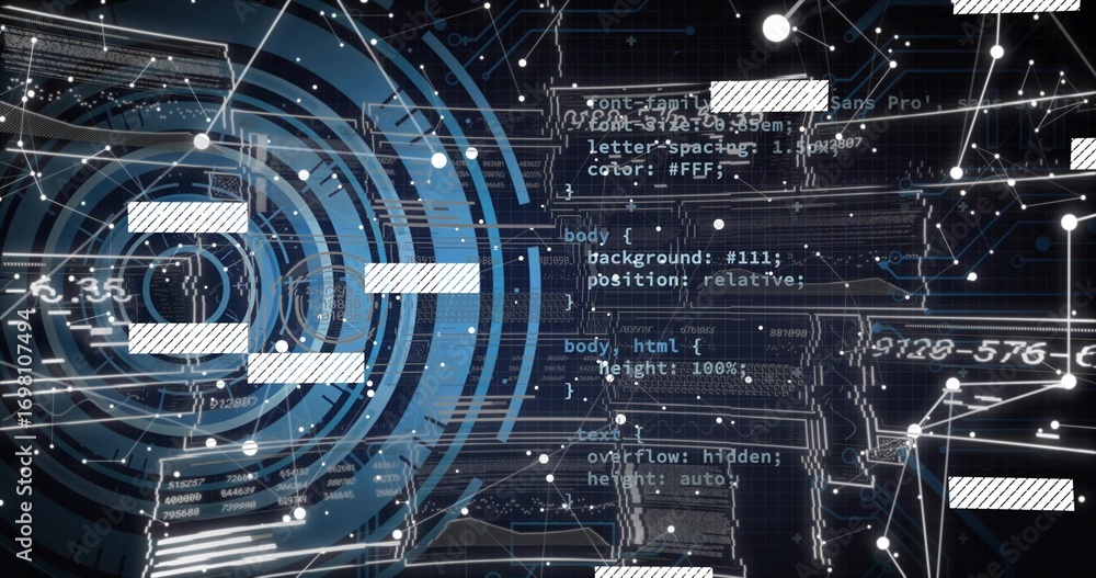 Aufkleber displaying concentric blue hud interface on left side of dashboard, with css snippets and nodes