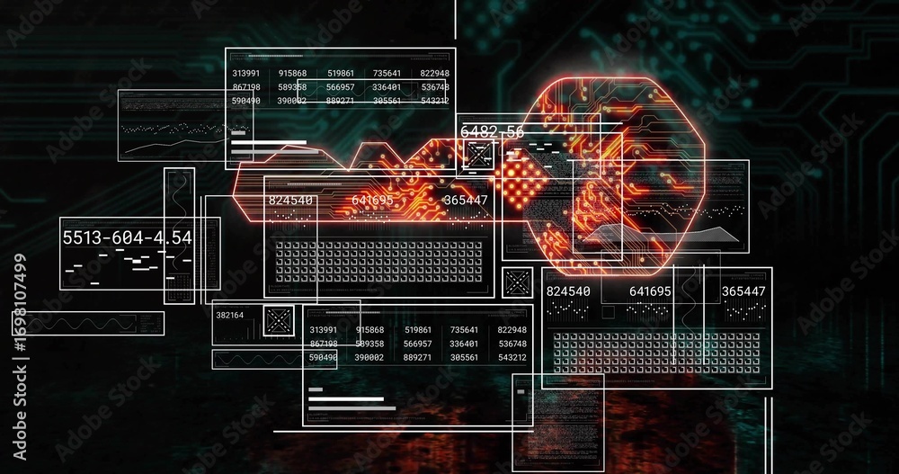 Aufkleber displaying grid overlays with numeric readouts in circuit space, with glowing hexagon over pcb