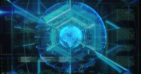 Glowing holographic globe emitting digital beams on console, with hexagonal overlay and UI panels