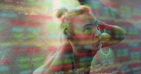 Stretching blonde fitness model holding hands behind head in montage, with floating stock charts