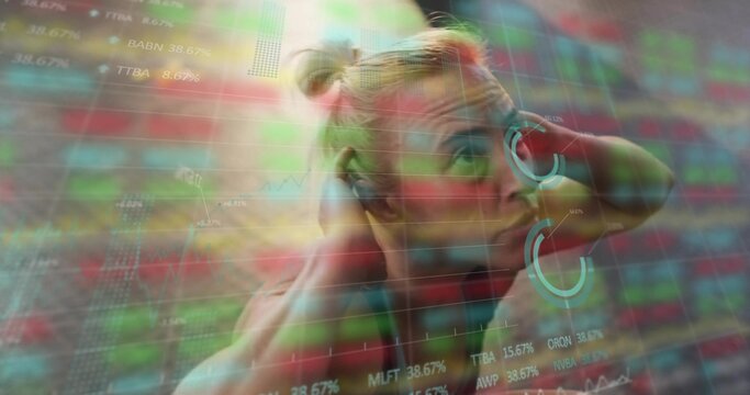 Fototapeta Stretching blonde fitness model holding hands behind head in montage, with floating stock charts