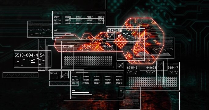 Displaying grid overlays with numeric readouts in circuit space, with glowing hexagon over PCB