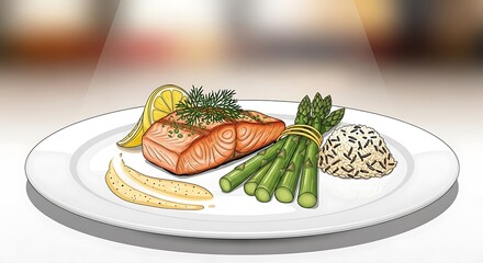 Elegant salmon fillet presentation with vibrant lemon and green asparagus
