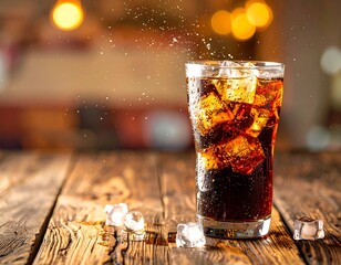 Soda with ice on a wooden table