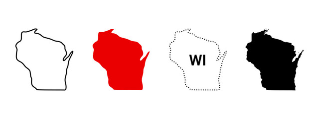 Wisconsin map icon set. State outline, solid fill, dotted WI label sign and silhouette symbol. USA midwest region pictogram.