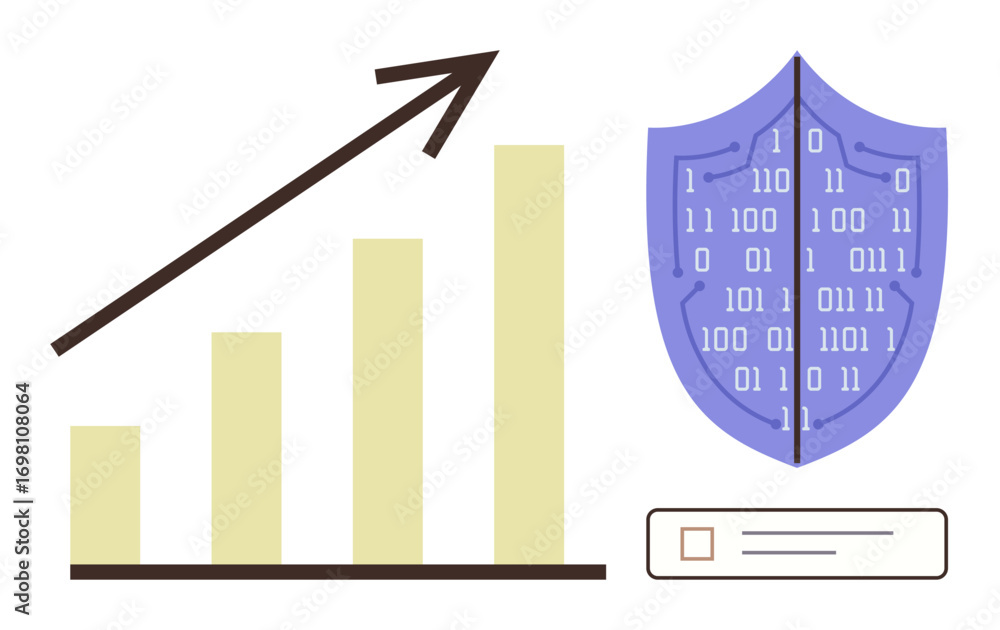 Poster bar chart with upward arrow symbolizes growth. digital shield with binary code represents security. 
