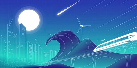 Futuristic city skyline with high-speed train, wave, and wind turbines under a bright moon.