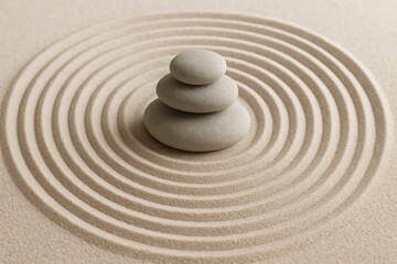 Stones in Concentric Circles of Raked Sand Zen Garden