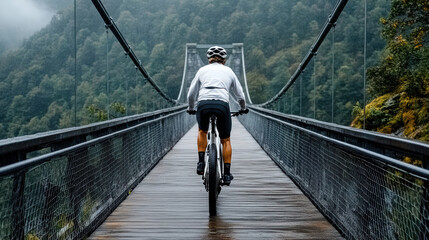 Fototapeta premium Extreme cyclist crossing narrow bridge misty landscape, showcasing determination and adventure