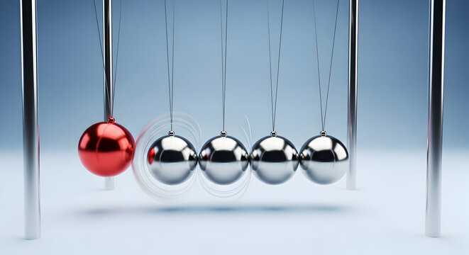 Newton's cradle momentum concept: reflective metal spheres in motion with one red ball initiating swing — physics, momentum transfer and teamwork metaphor