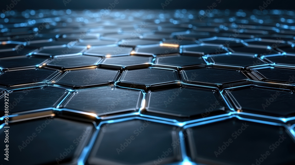 Poster futuristic hexagonal pattern with metallic surface and glowing edges creates captivating visual