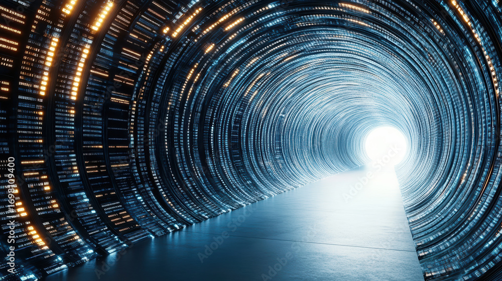 Poster futuristic tunnel with glowing lights and bright exit, creating sense of wonder and exploration