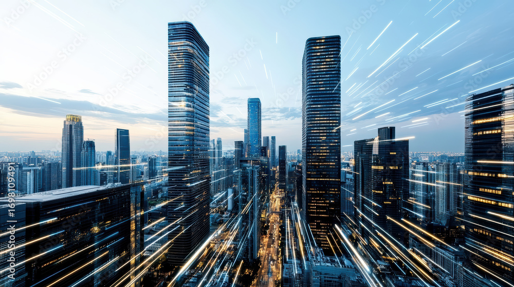 Poster futuristic skyline with smart buildings and dynamic light trails creating vibrant atmosphere