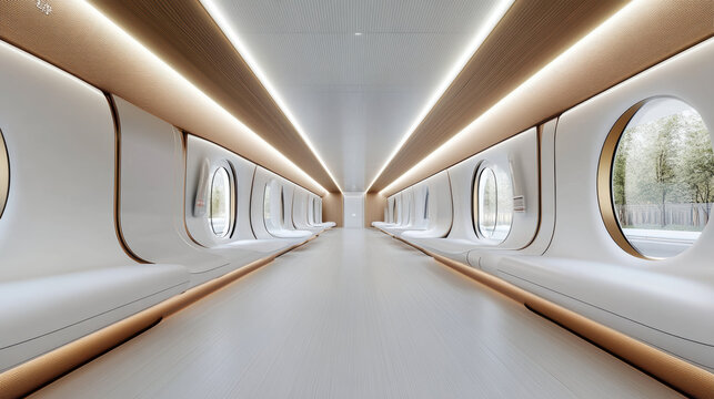 Futuristic hyperloop pod interior with sleek design and large windows, showcasing modern