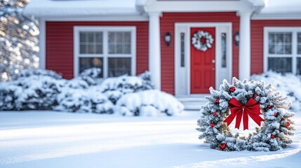 Winter wreath on snowy front porch