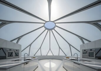 Modern kitchen beneath a geometric glass dome, filled with natural light