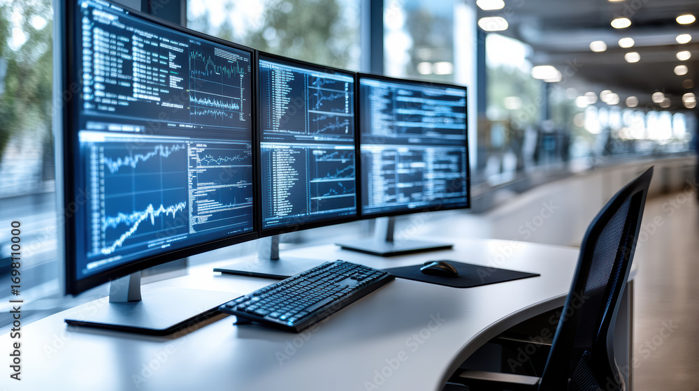 Poster high tech control center with multiple monitors displaying data and graphs