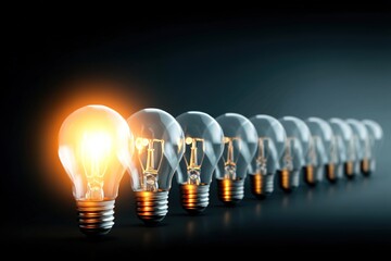 Electric light bulbs, only one glows, against a dark background. The concept of idea and innovation. Generative Ai
