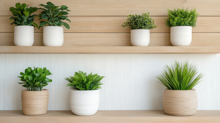 Fototapeta premium Indoor plants in decorative pots on wooden shelves create serene atmosphere