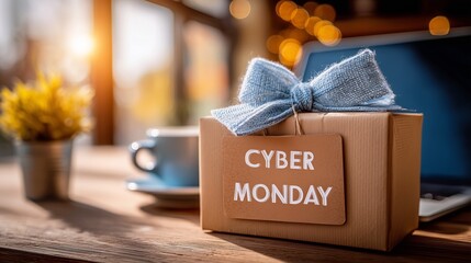Gift package with tag reading 'Cyber Monday' in a cozy setting.