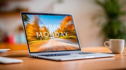 Laptop displaying Cyber Monday sale, bright autumn background.