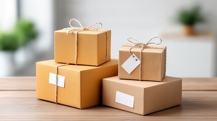 Three stacked packages with twine and tags in a bright interior.