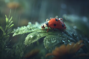 Obraz premium Realistic view of a baby beetle sheltering from the rain under a large green leaf of a daisy tree, raindrops falling on the edge of the leaf, the beetle's small red shell glistening with water droplet